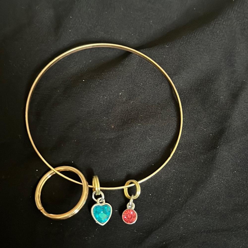 Beautiful keychain bracelet with blue heart charm and circle pinkish tone charm